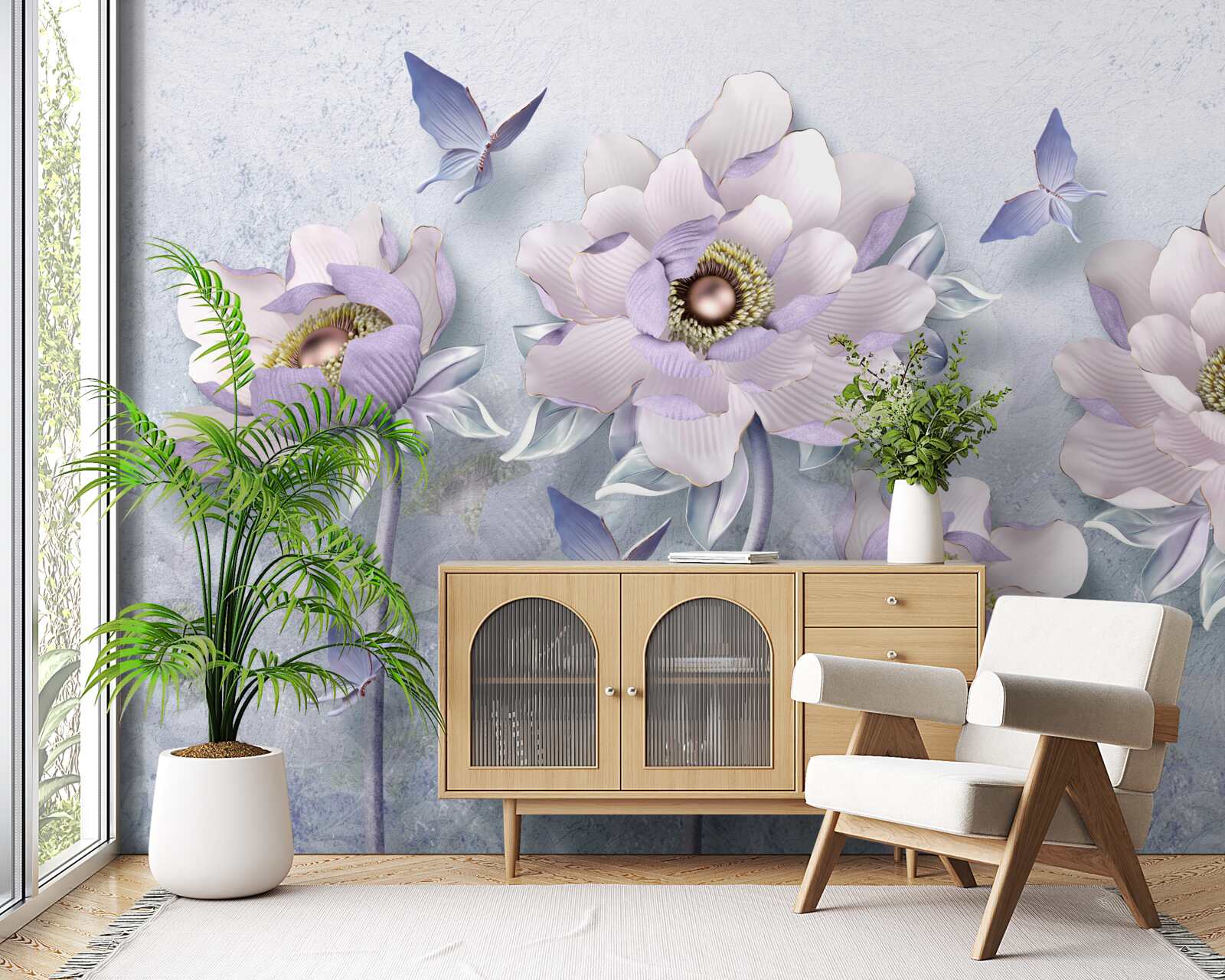 Фотошпалери фіолетові метелики та квіти виняткової делікатності