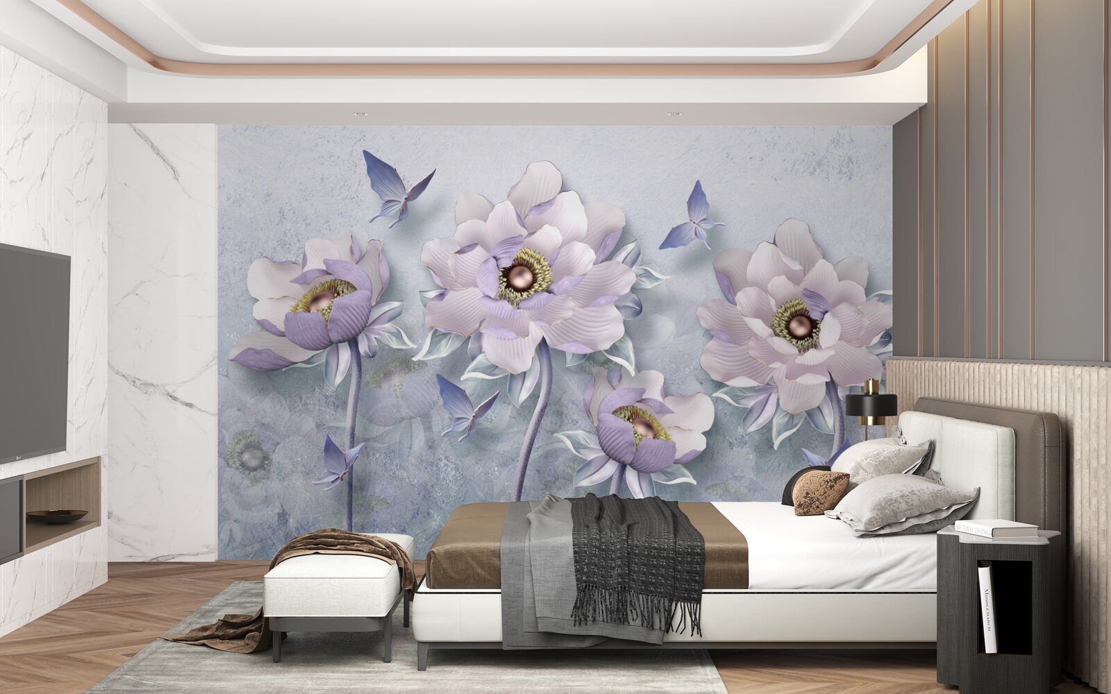 Фотошпалери фіолетові метелики та квіти виняткової делікатності