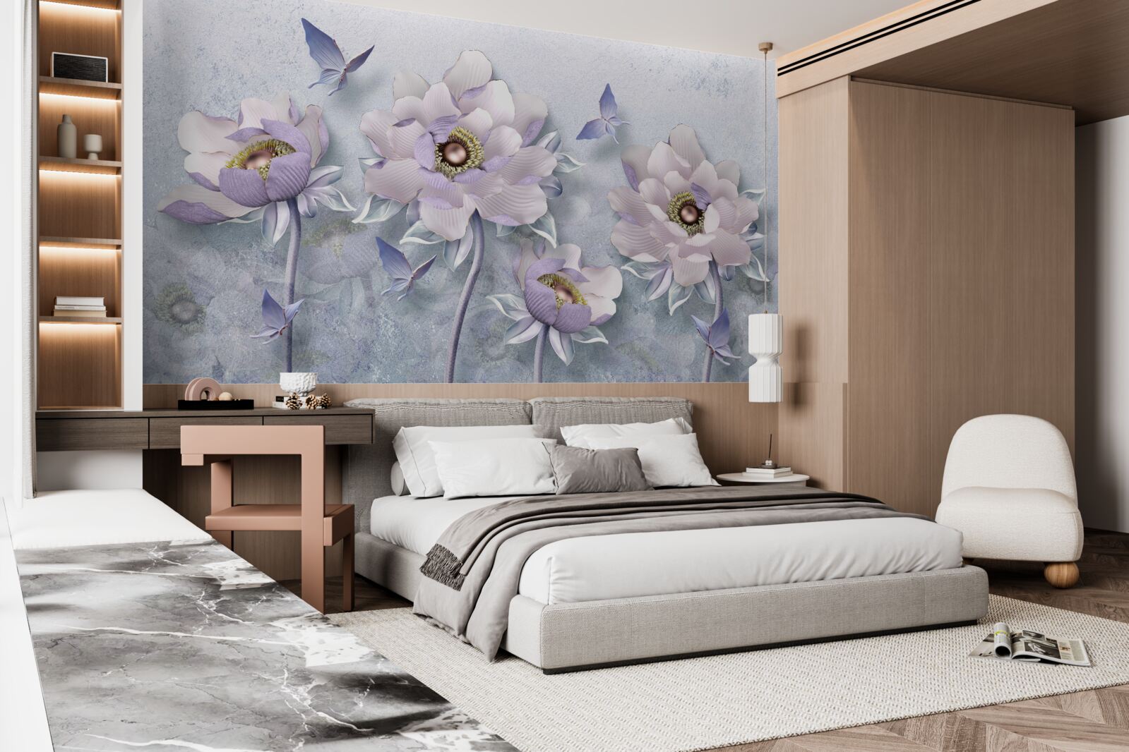 Фотошпалери фіолетові метелики та квіти виняткової делікатності