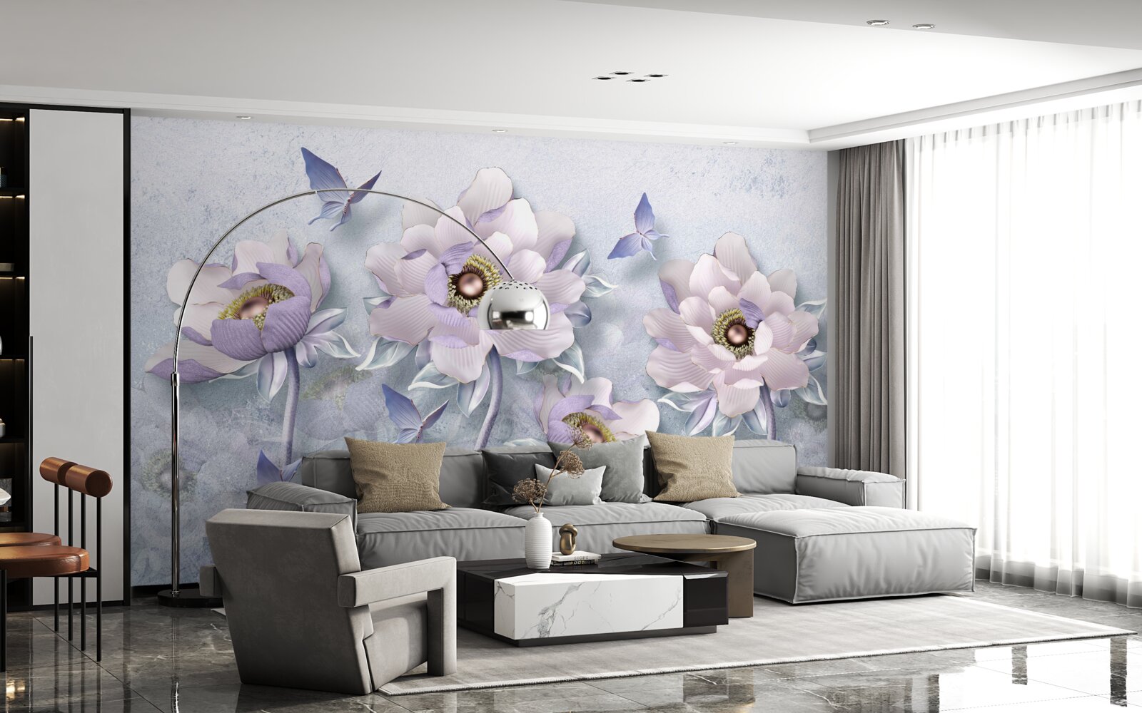 Фотошпалери фіолетові метелики та квіти виняткової делікатності