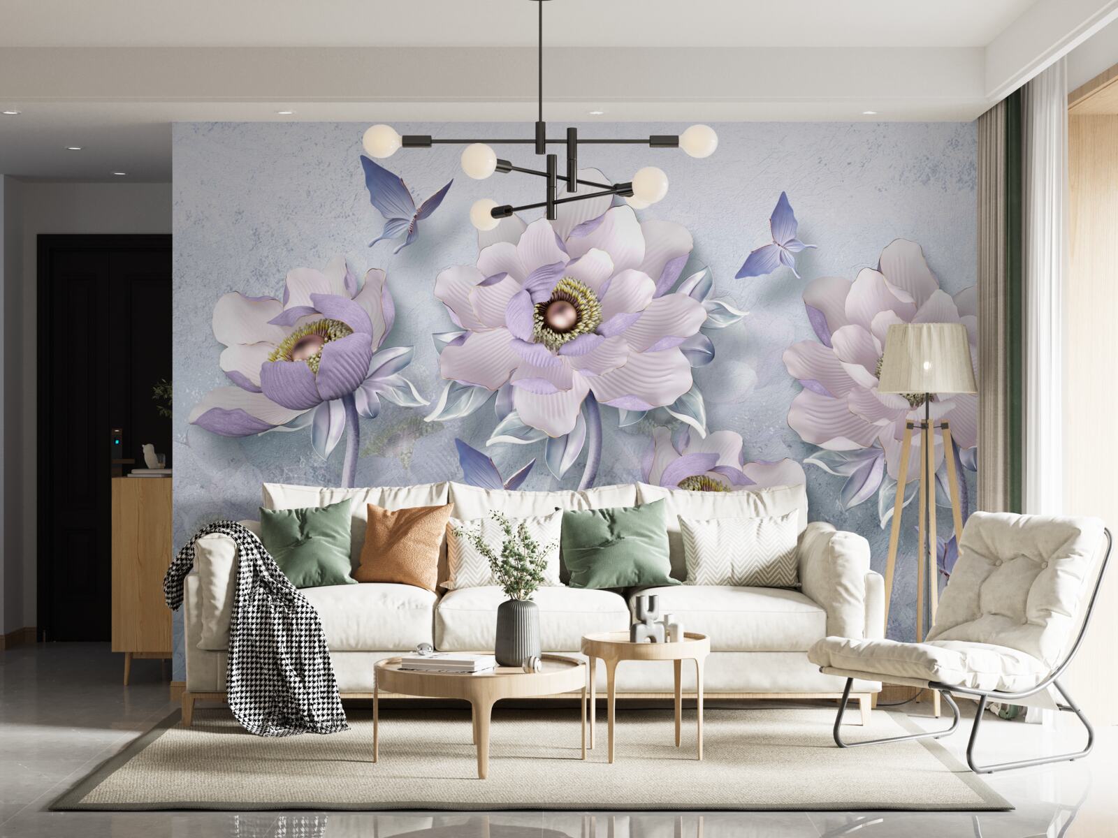 Фотошпалери фіолетові метелики та квіти виняткової делікатності