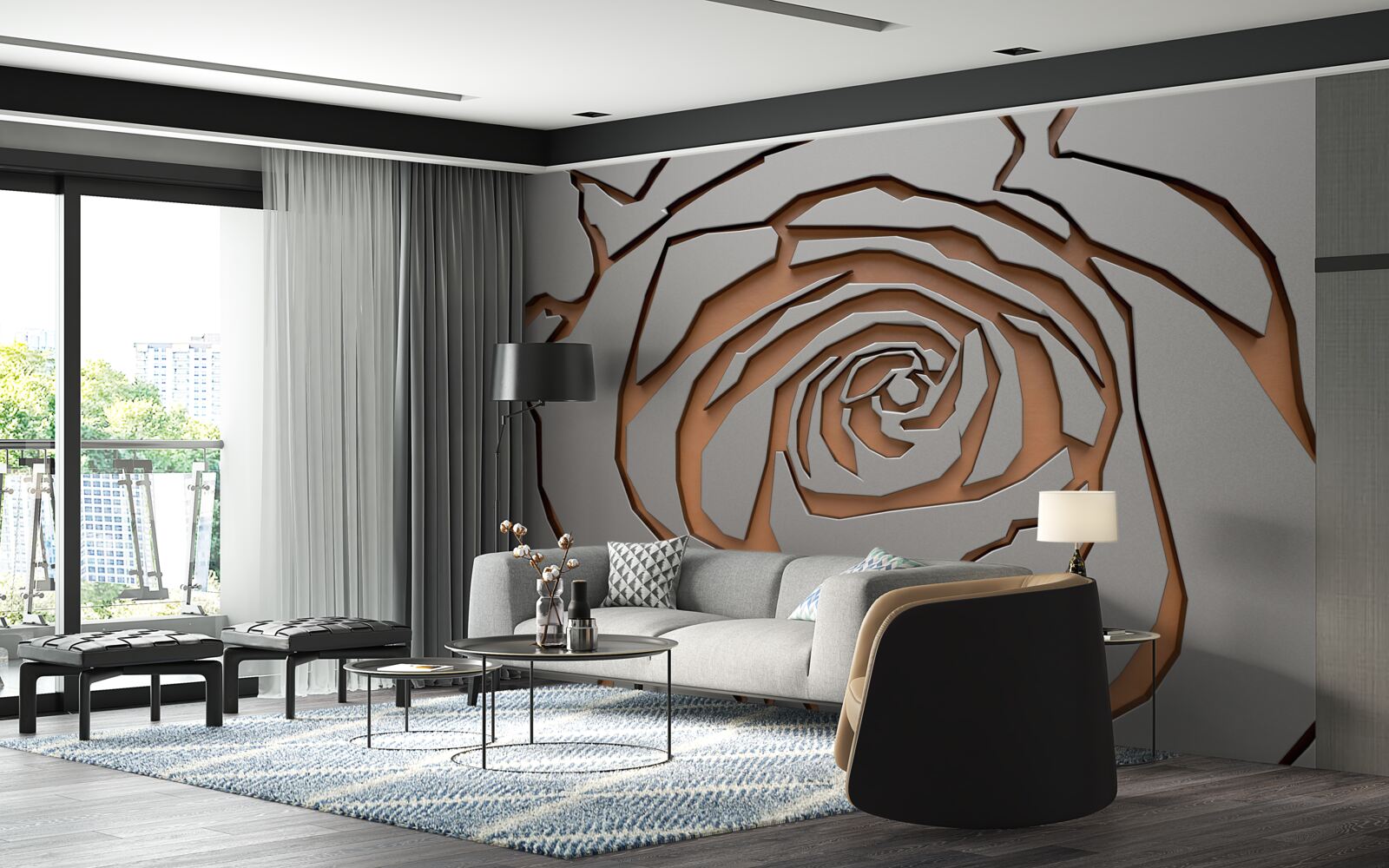 Фотошпалери на стіні підсвічується одна велика троянда