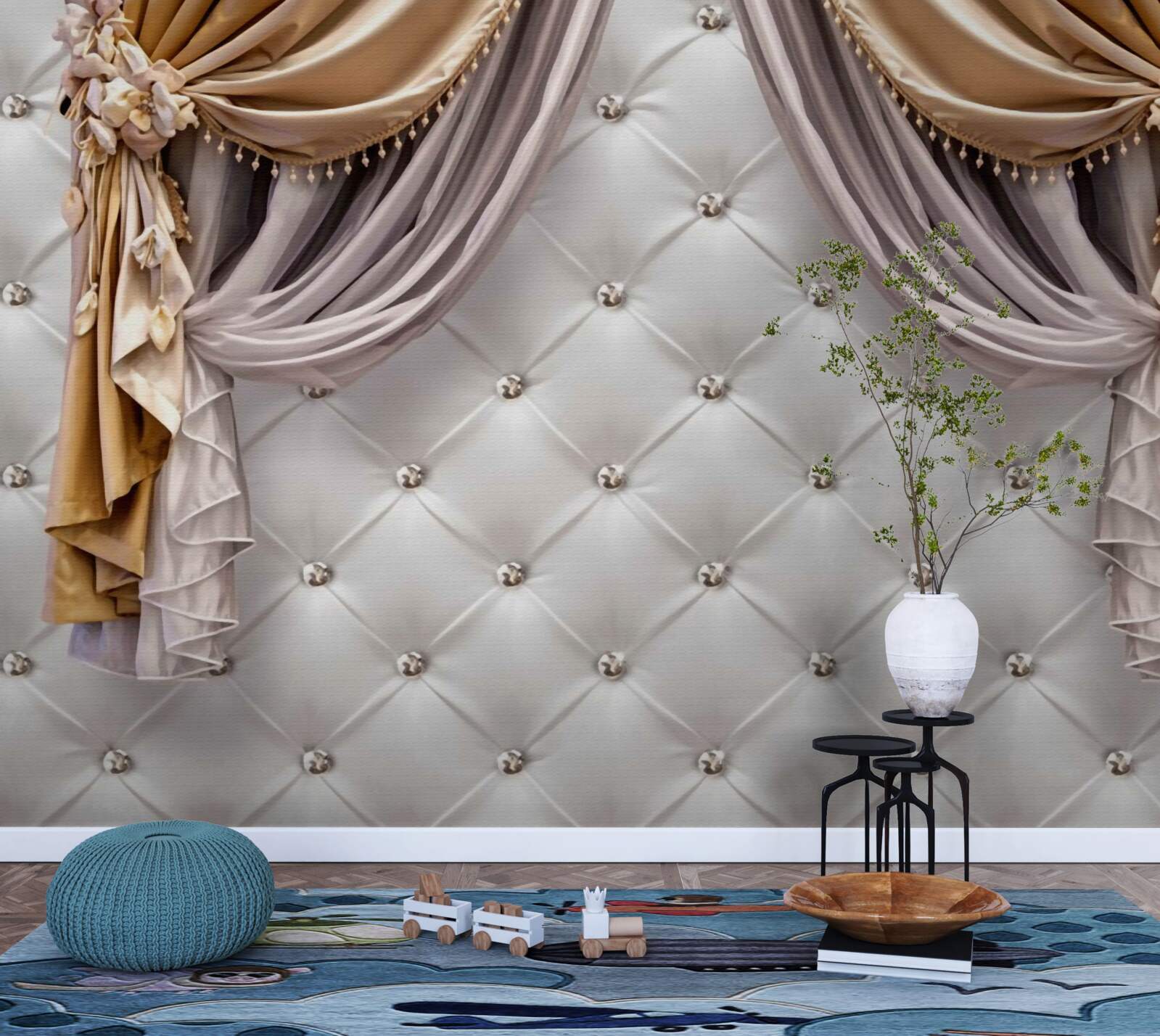 Фотошпалери біла стьобана стіна та штори