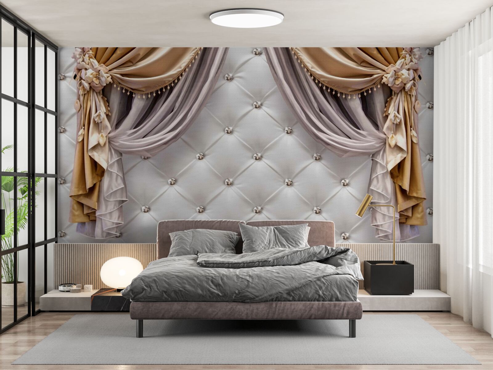 Фотошпалери біла стьобана стіна та штори