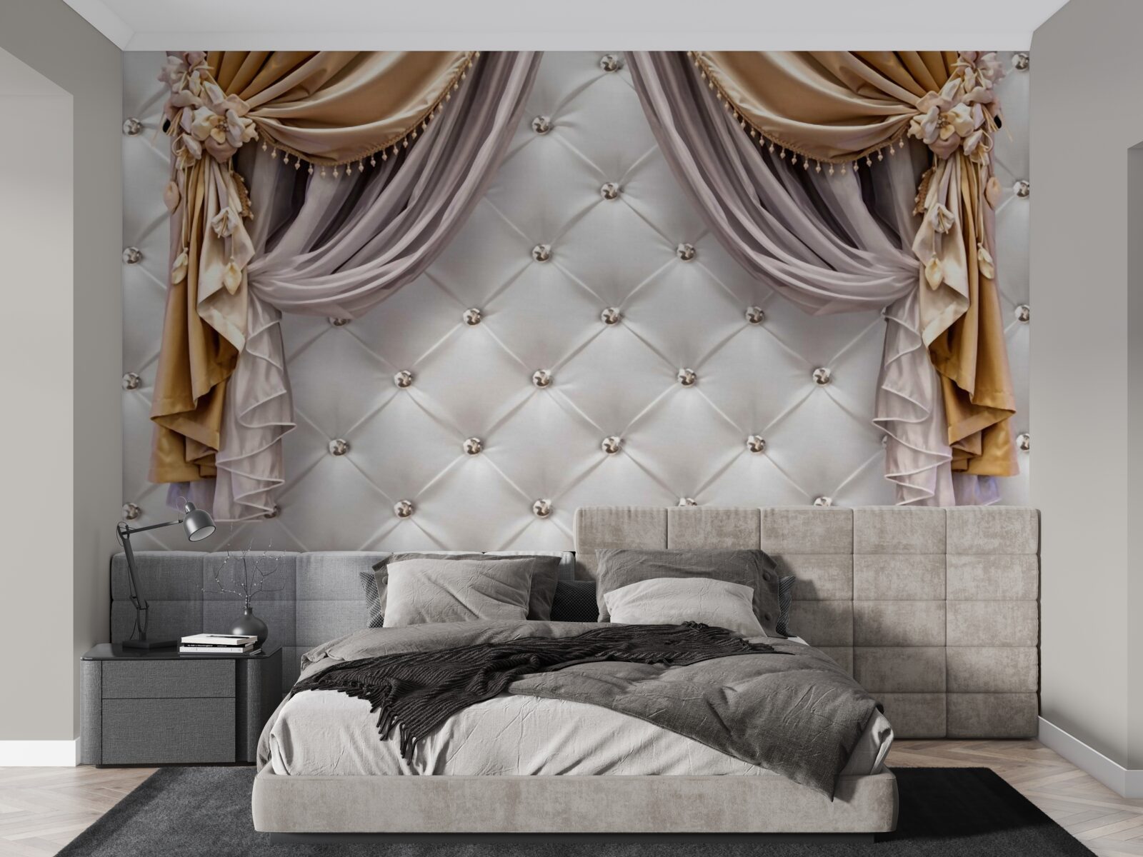 Фотошпалери біла стьобана стіна та штори