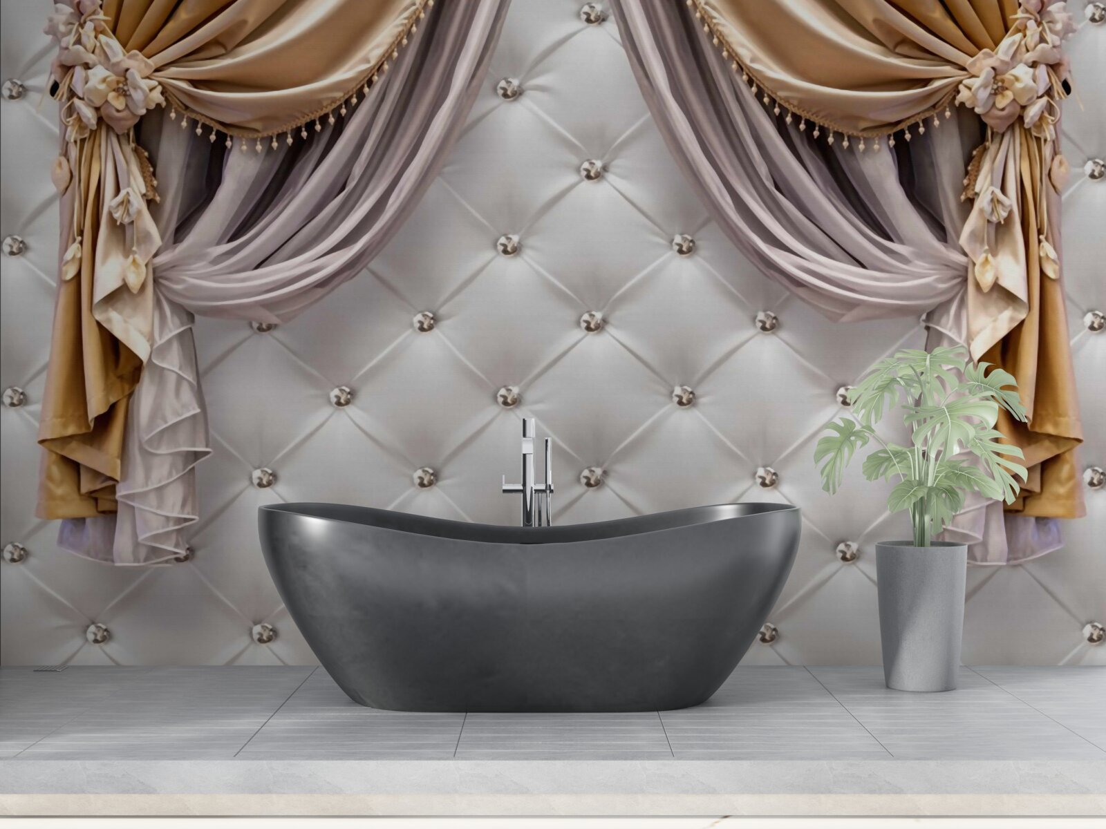 Фотошпалери біла стьобана стіна та штори