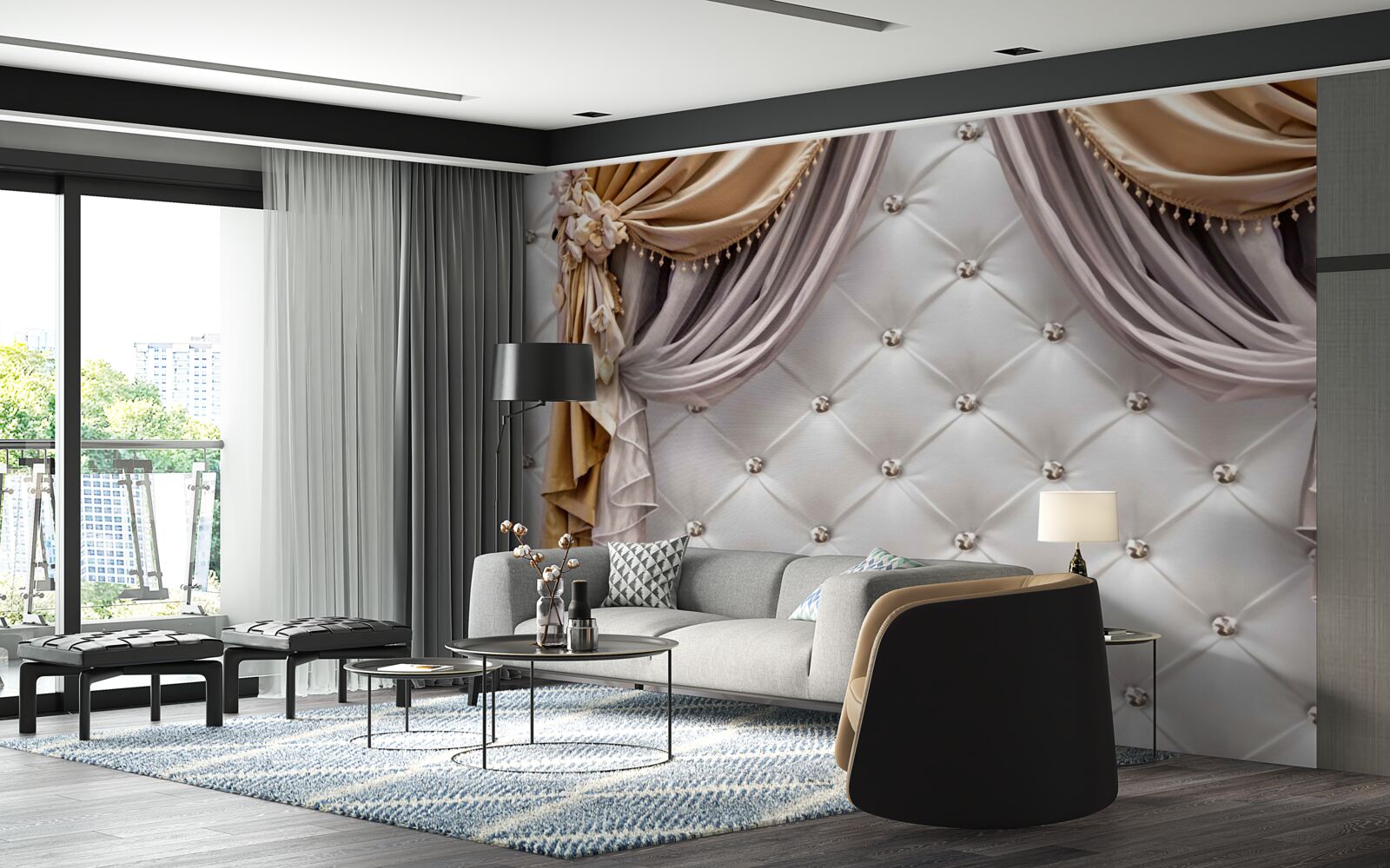 Фотошпалери біла стьобана стіна та штори