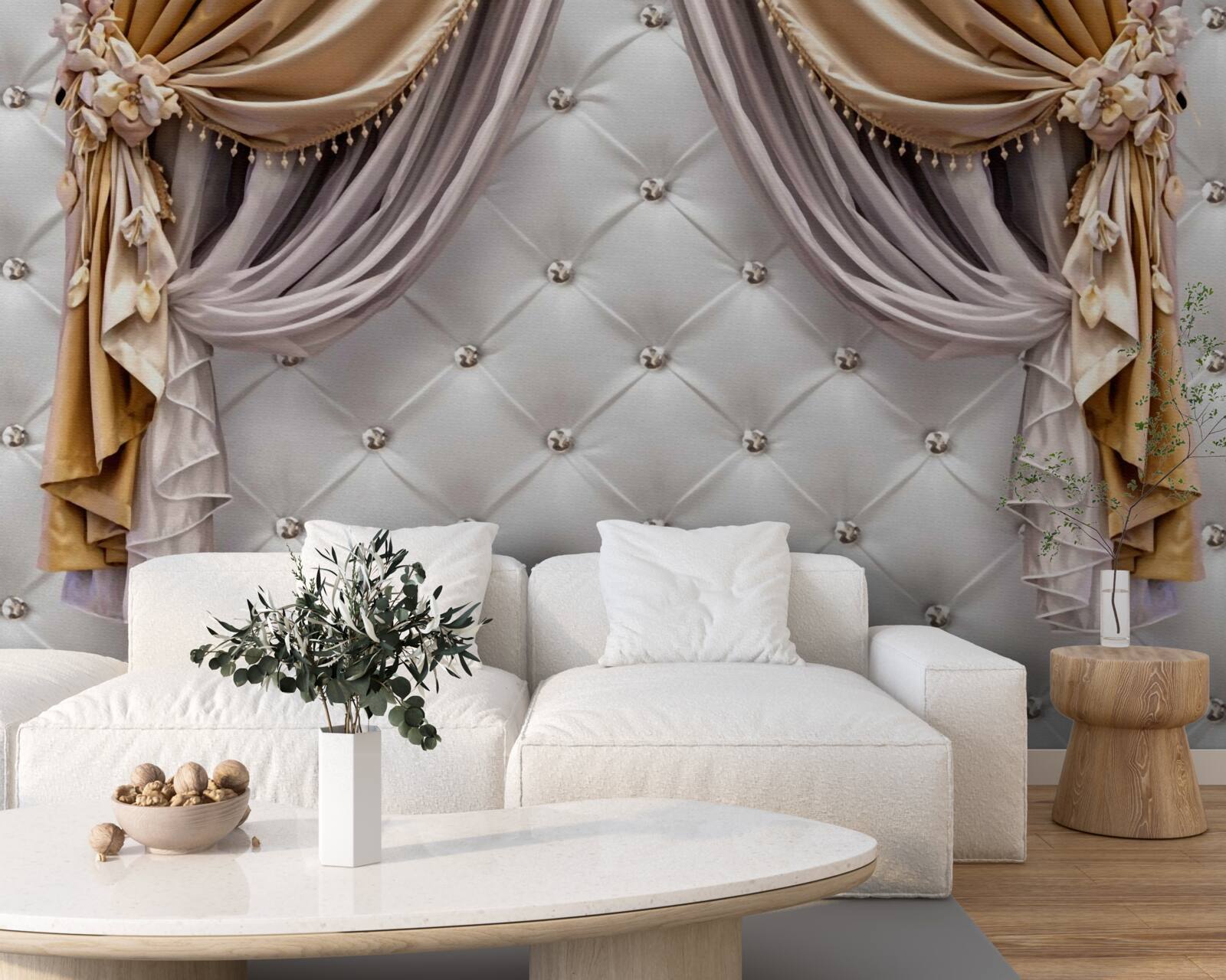 Фотошпалери біла стьобана стіна та штори