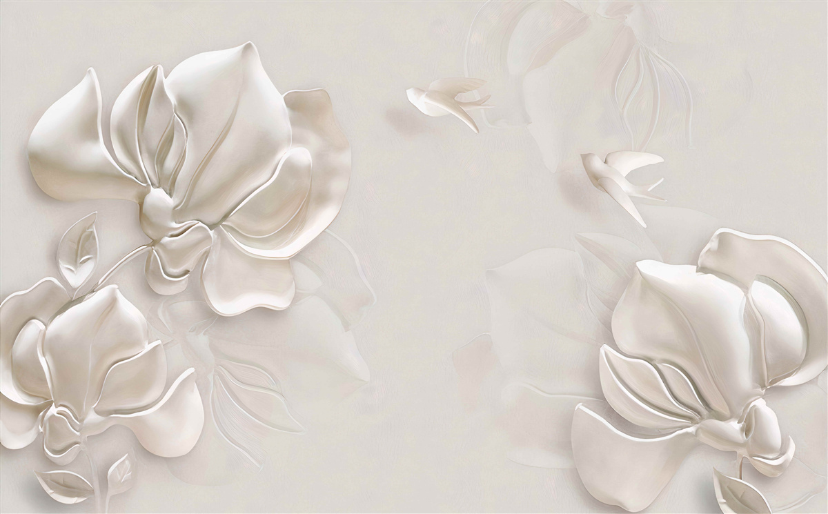 Фотошпалери птахи та квіти з білого матеріалу