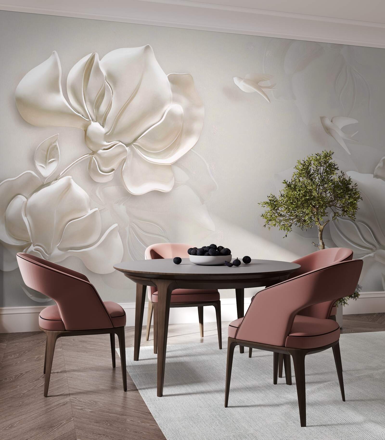 Фотошпалери птахи та квіти з білого матеріалу