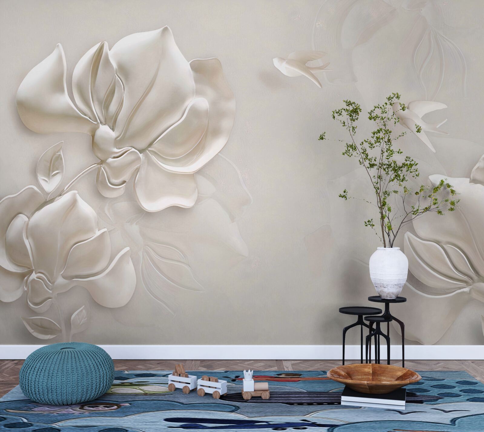 Фотошпалери птахи та квіти з білого матеріалу