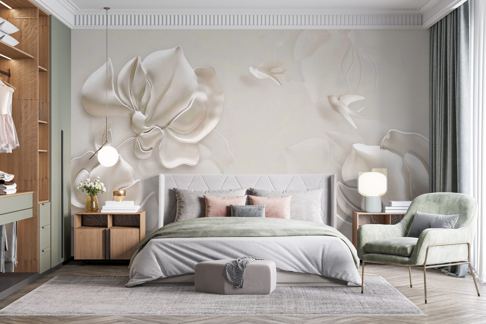 Фотошпалери птахи та квіти з білого матеріалу