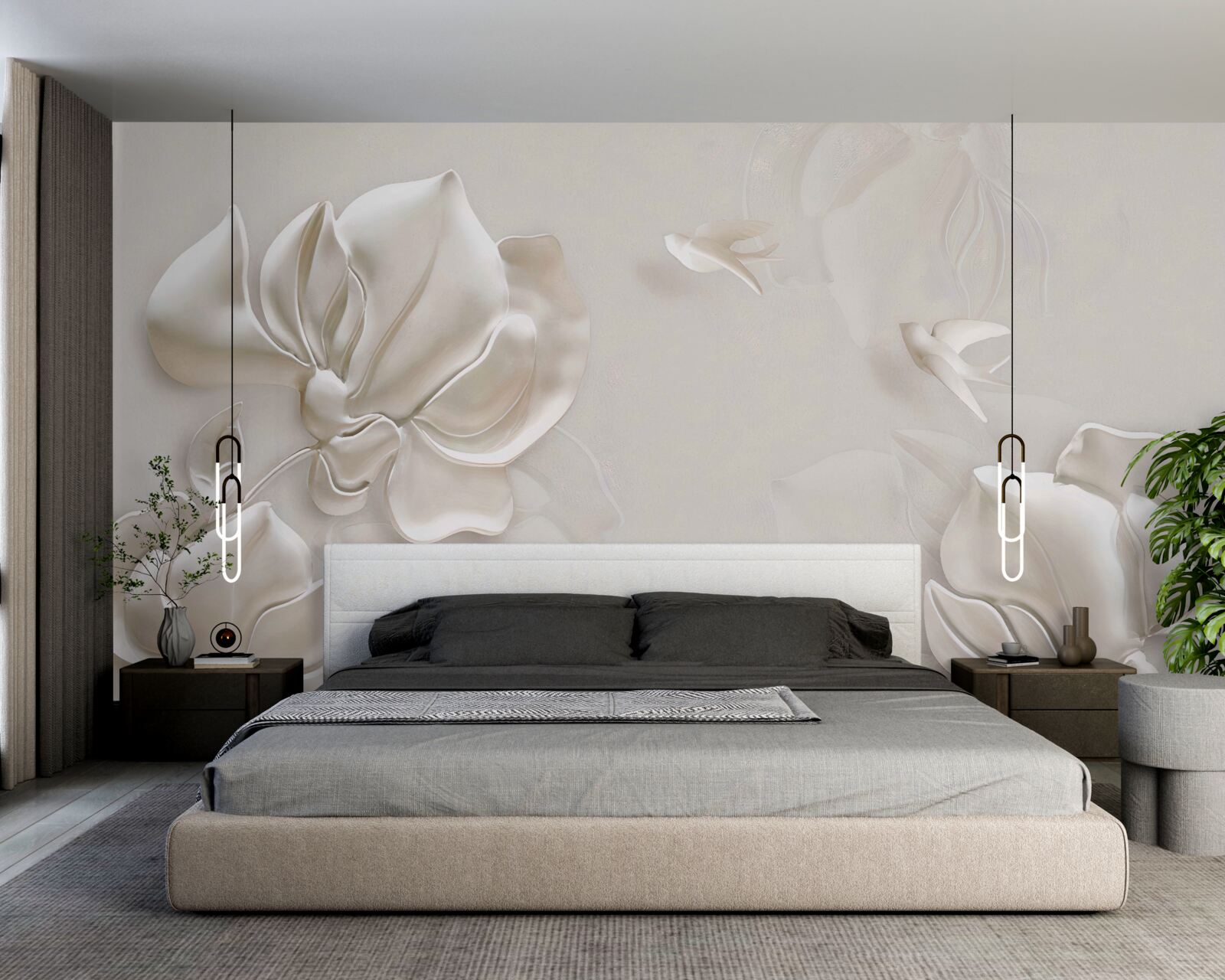 Фотошпалери птахи та квіти з білого матеріалу