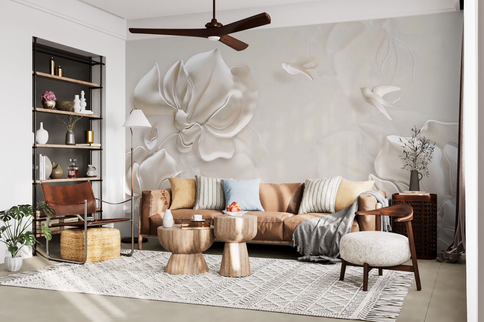 Фотошпалери птахи та квіти з білого матеріалу