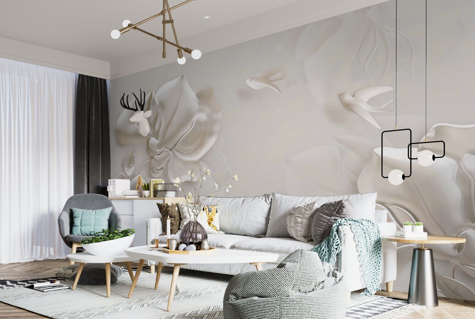 Фотошпалери птахи та квіти з білого матеріалу