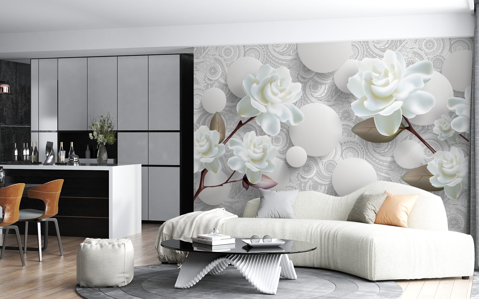 Фотошпалери кола та білосніжні троянди