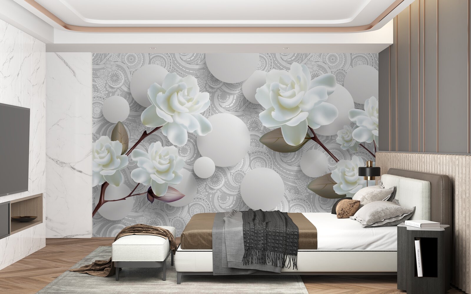 Фотошпалери кола та білосніжні троянди