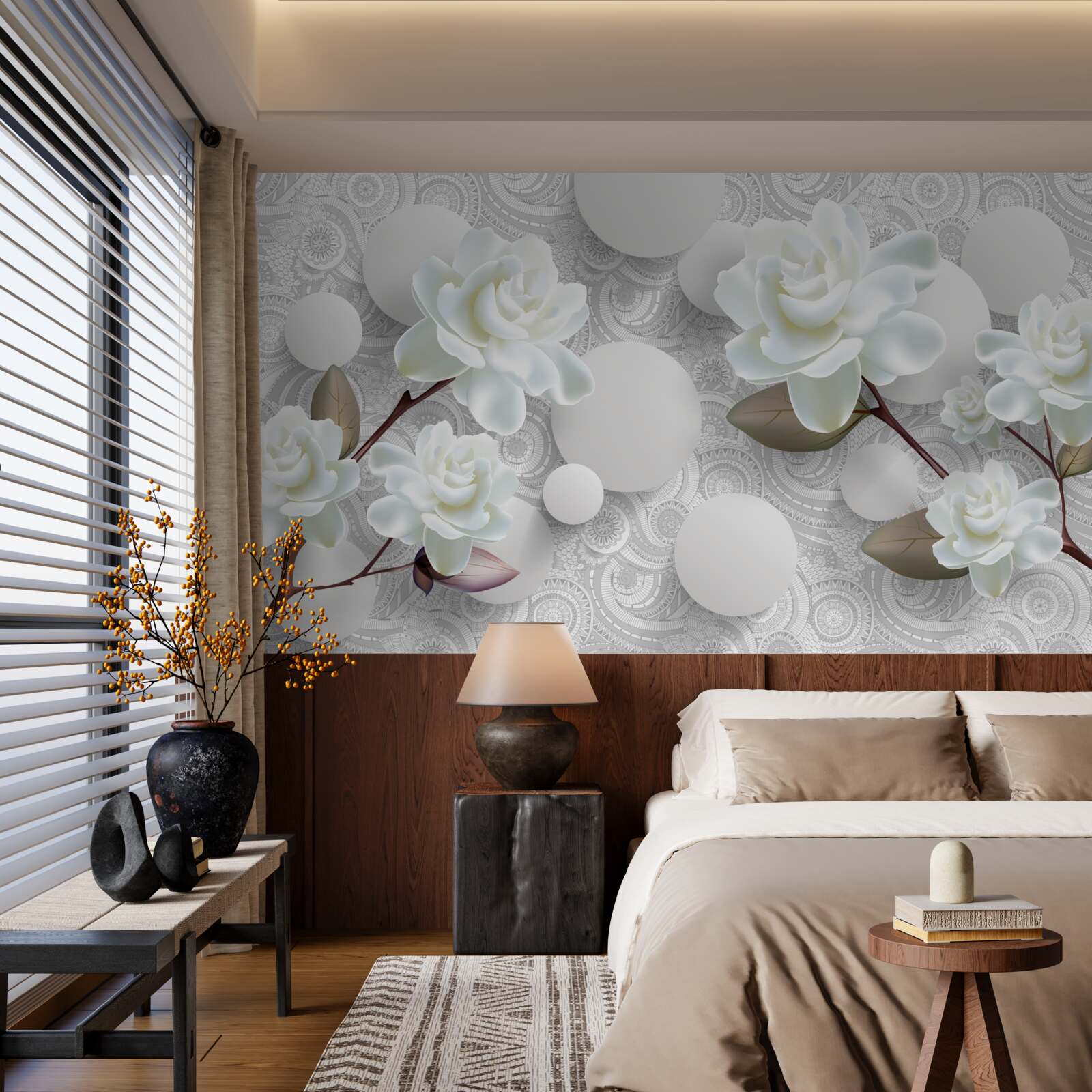 Фотошпалери кола та білосніжні троянди