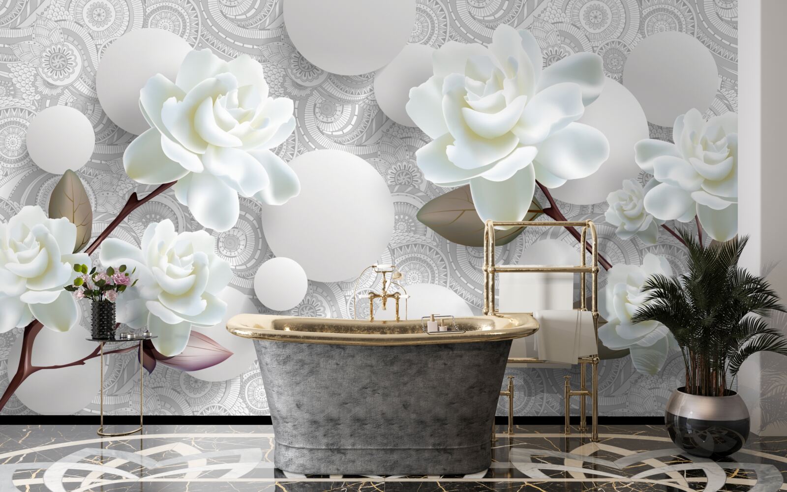 Фотошпалери кола та білосніжні троянди