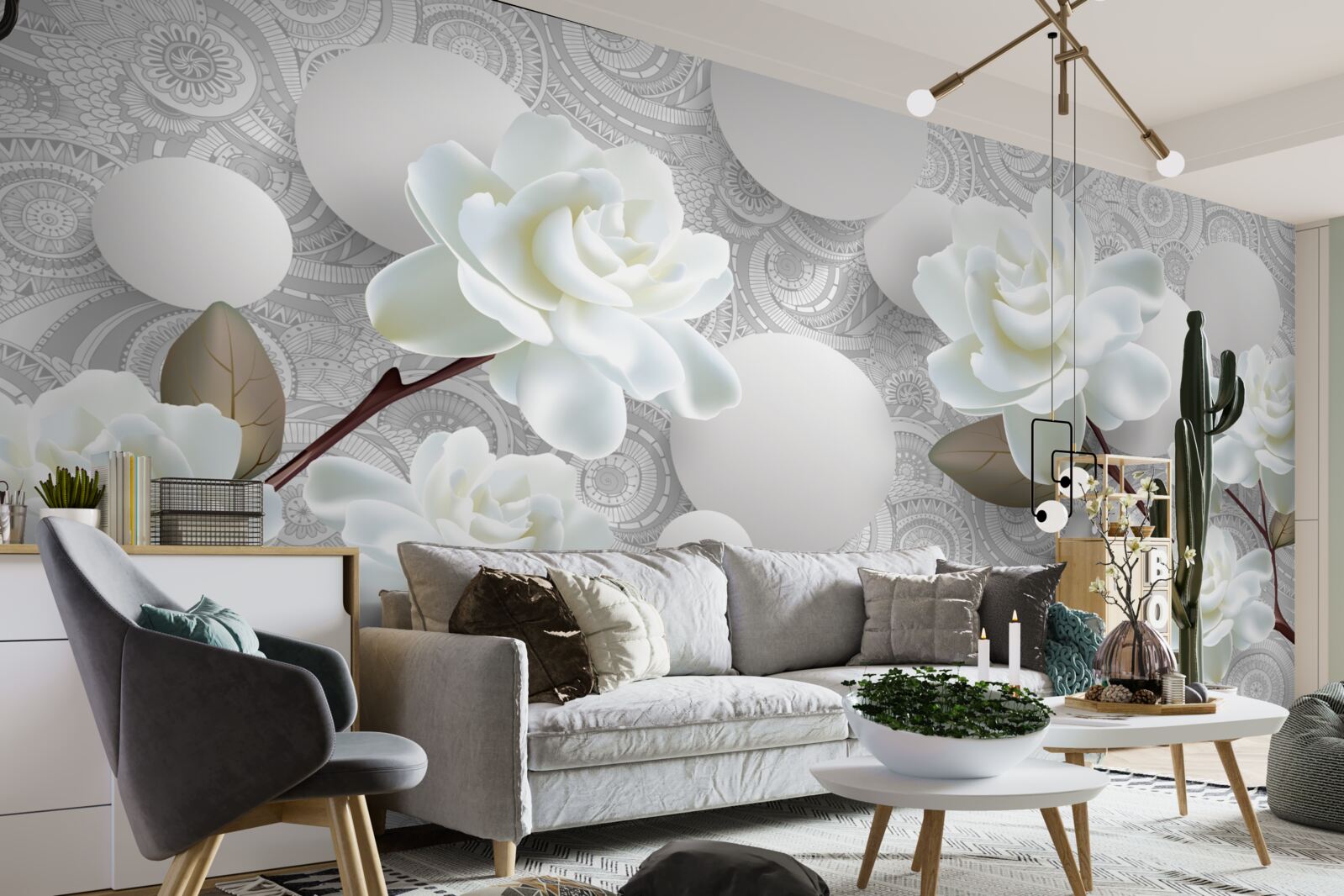 Фотошпалери кола та білосніжні троянди