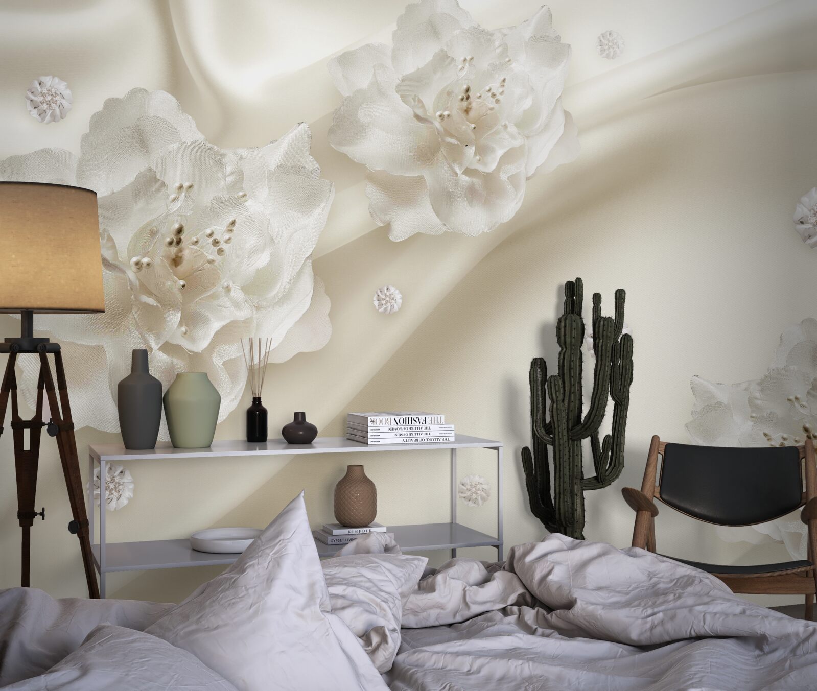 Фотошпалери ніжні білі троянди на тканині