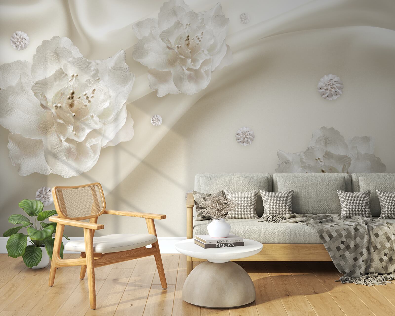 Фотошпалери ніжні білі троянди на тканині