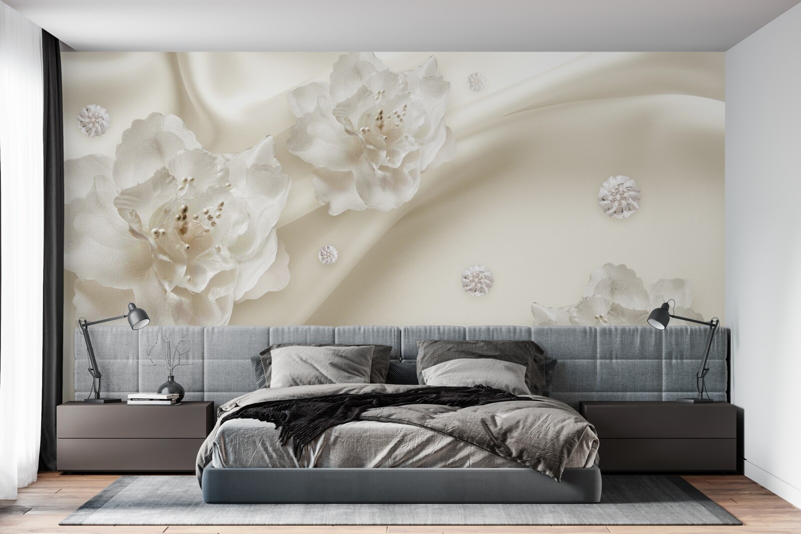 Фотошпалери ніжні білі троянди на тканині