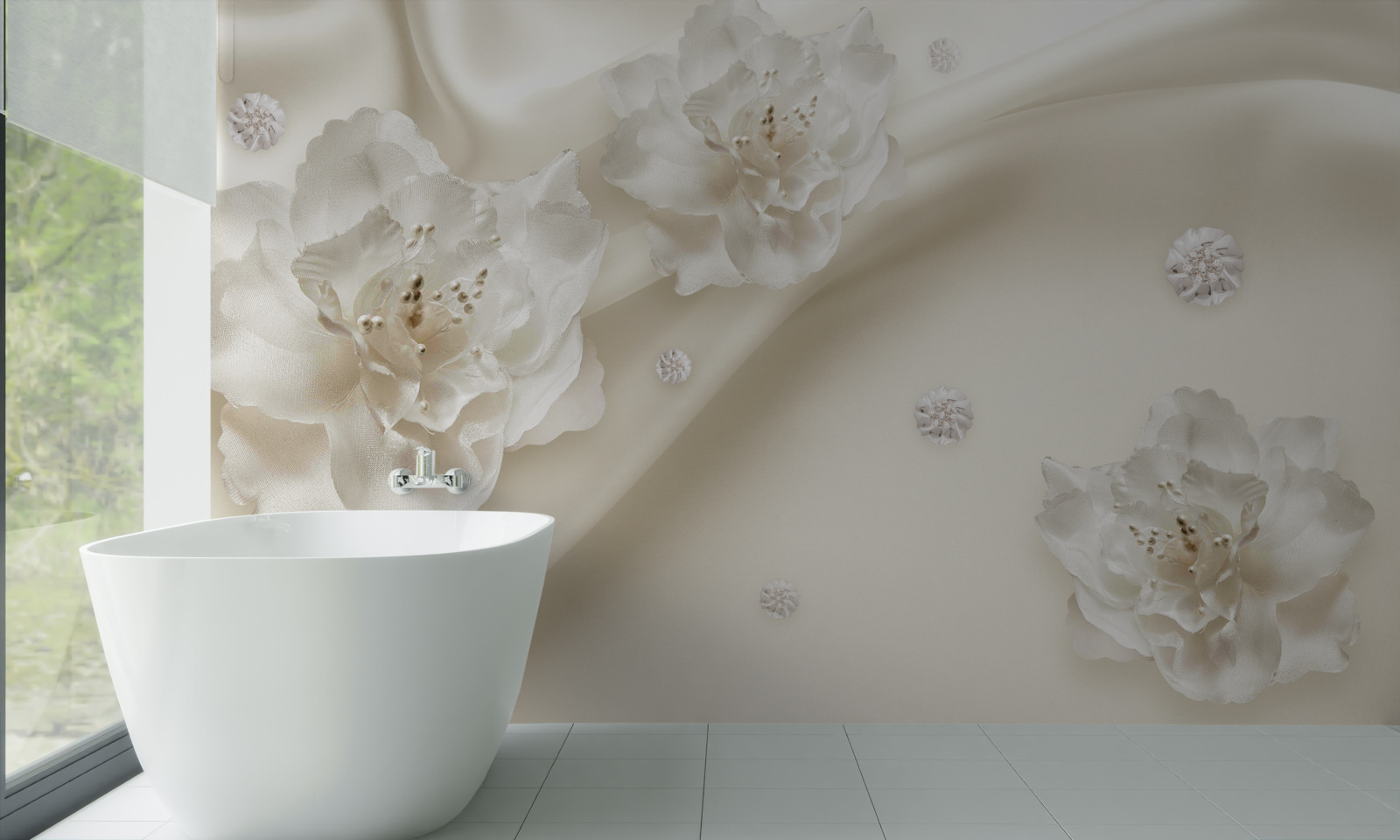 Фотошпалери ніжні білі троянди на тканині