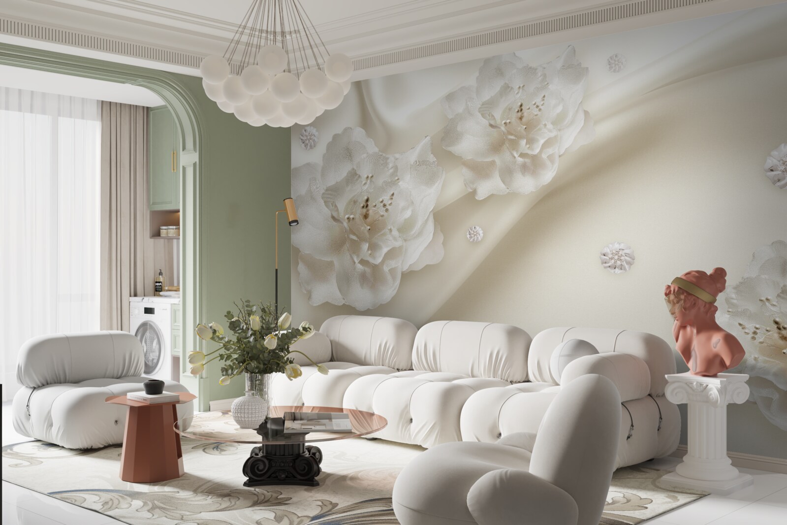 Фотошпалери ніжні білі троянди на тканині