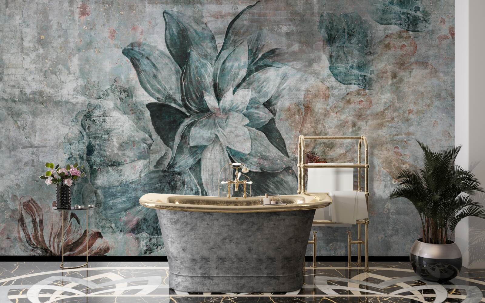 Фотошпалери квітучі рослини на бетонному бар'єрі