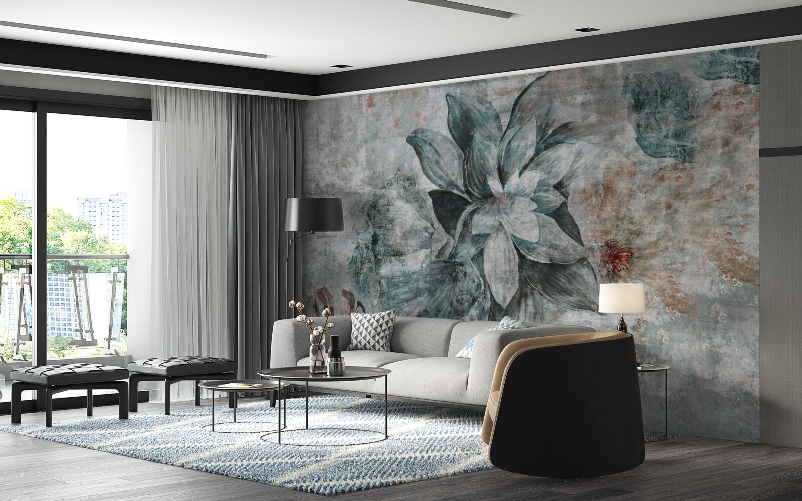 Фотошпалери квітучі рослини на бетонному бар'єрі