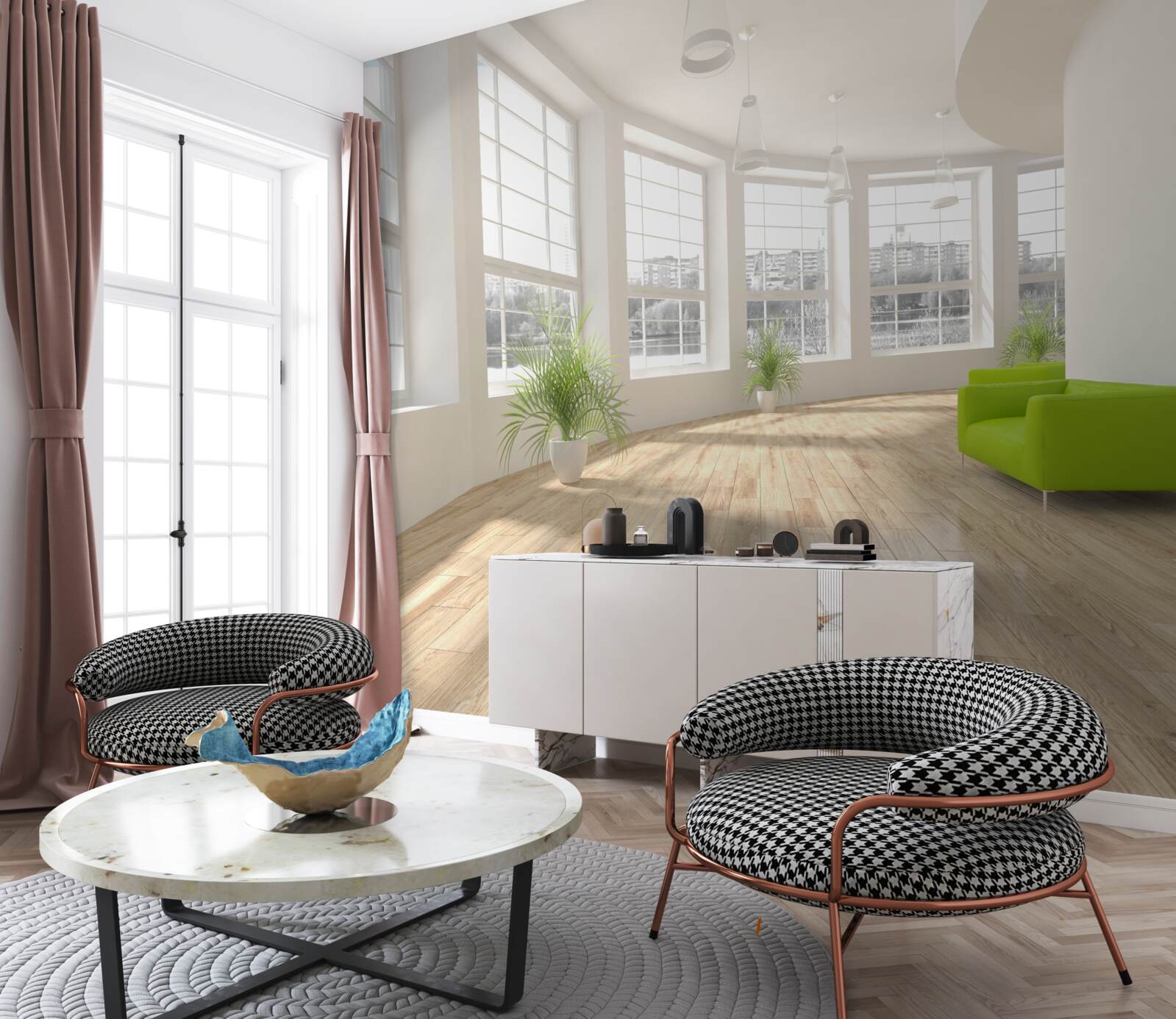 Фотошпалери білий коридор з вікнами від підлоги до стелі