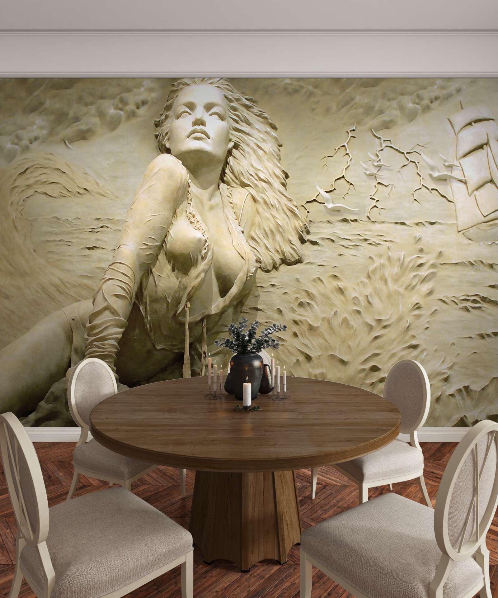 Фотошпалери поруч дівчина з розпущеним волоссям і вітрилом