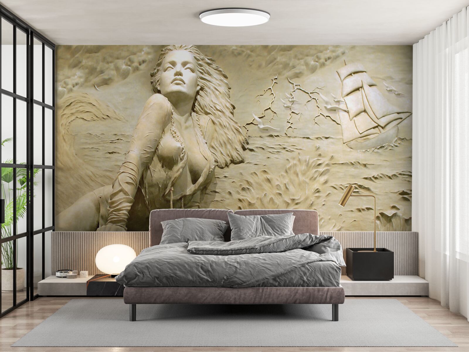 Фотошпалери поруч дівчина з розпущеним волоссям і вітрилом