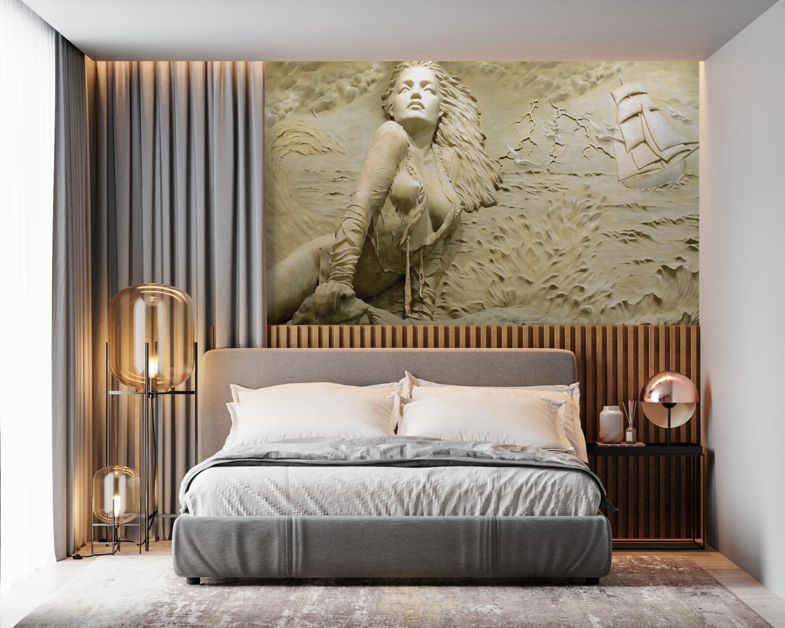 Фотошпалери поруч дівчина з розпущеним волоссям і вітрилом