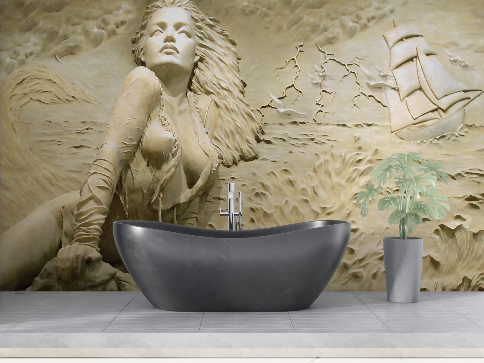 Фотошпалери поруч дівчина з розпущеним волоссям і вітрилом