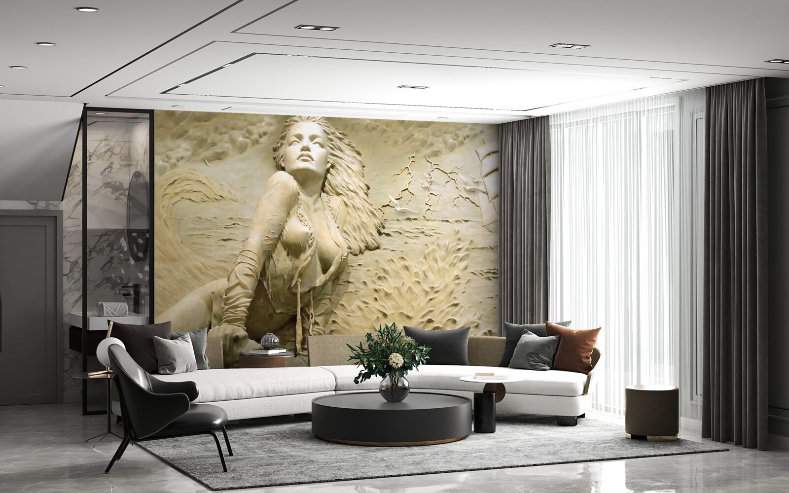 Фотошпалери поруч дівчина з розпущеним волоссям і вітрилом