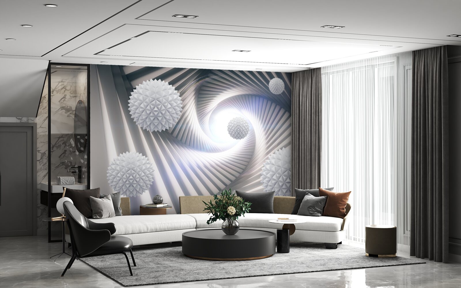 Фотошпалери білі кульки та абстрактні спіралі