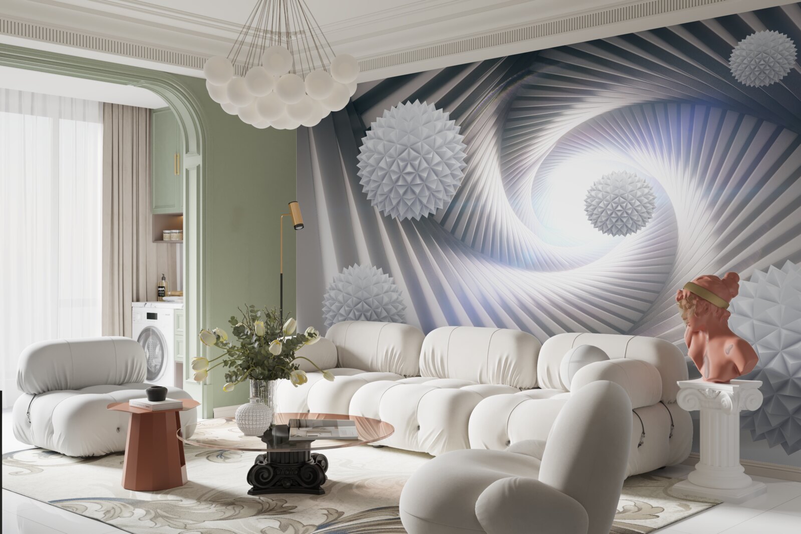 Фотошпалери білі кульки та абстрактні спіралі