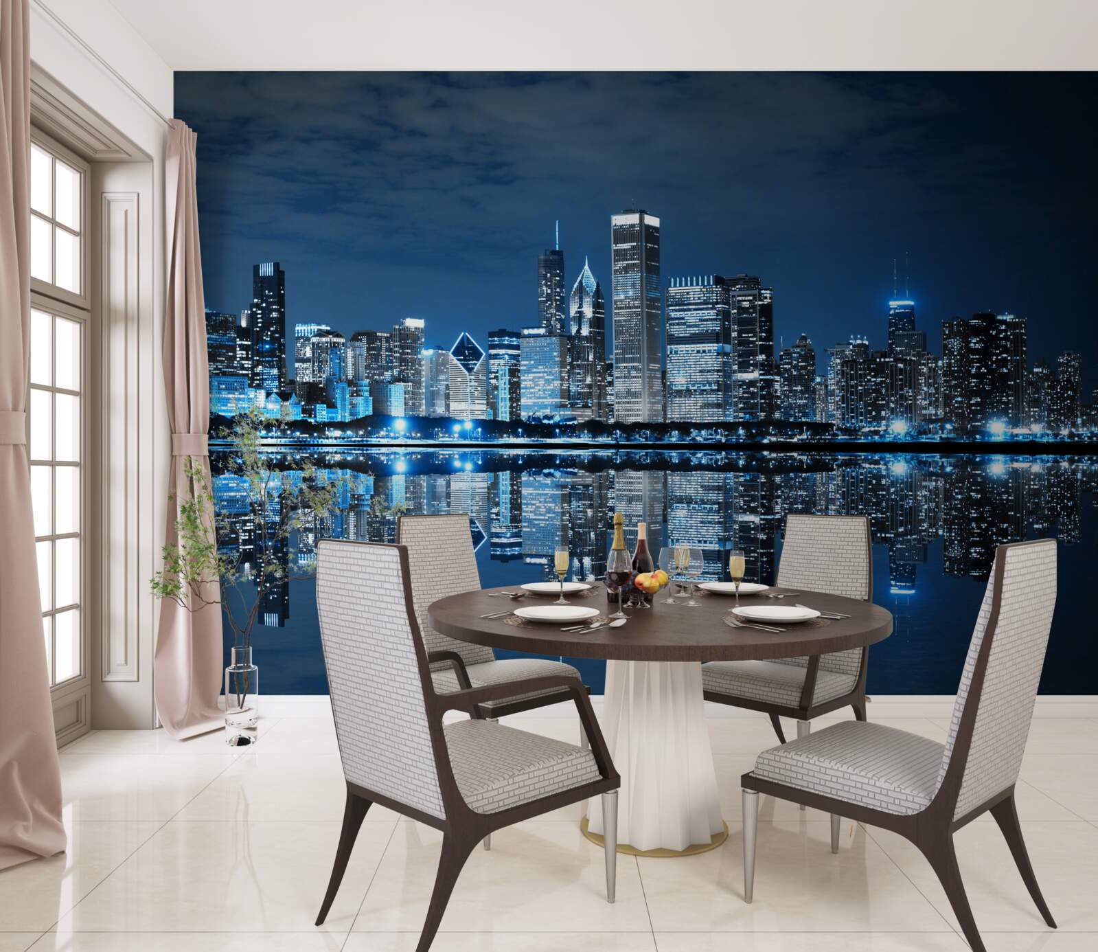 Фотошпалери відображення нічних вогнів міста у воді