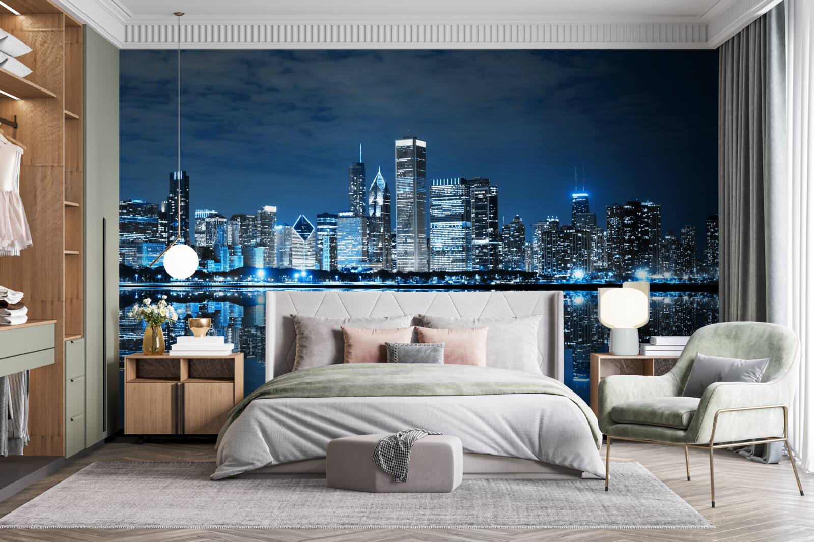 Фотошпалери відображення нічних вогнів міста у воді