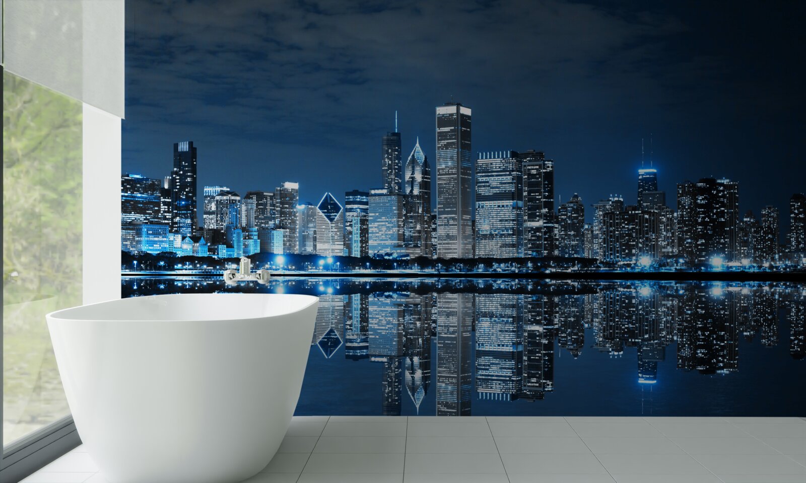 Фотошпалери відображення нічних вогнів міста у воді