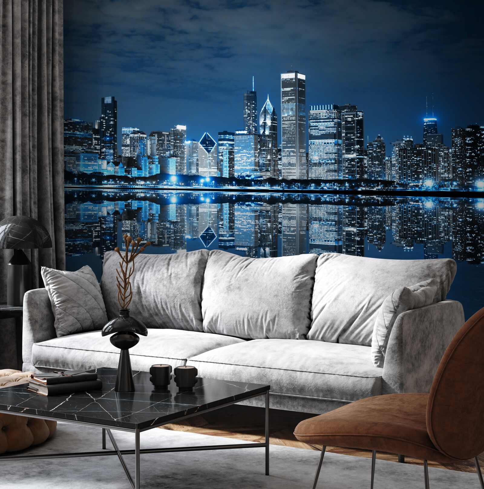 Фотошпалери відображення нічних вогнів міста у воді