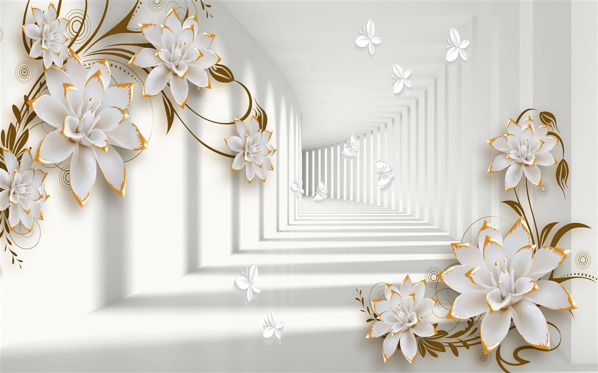 Фотошпалери елегантний коридор у відтінках білого, прикрашений золотистими квітами