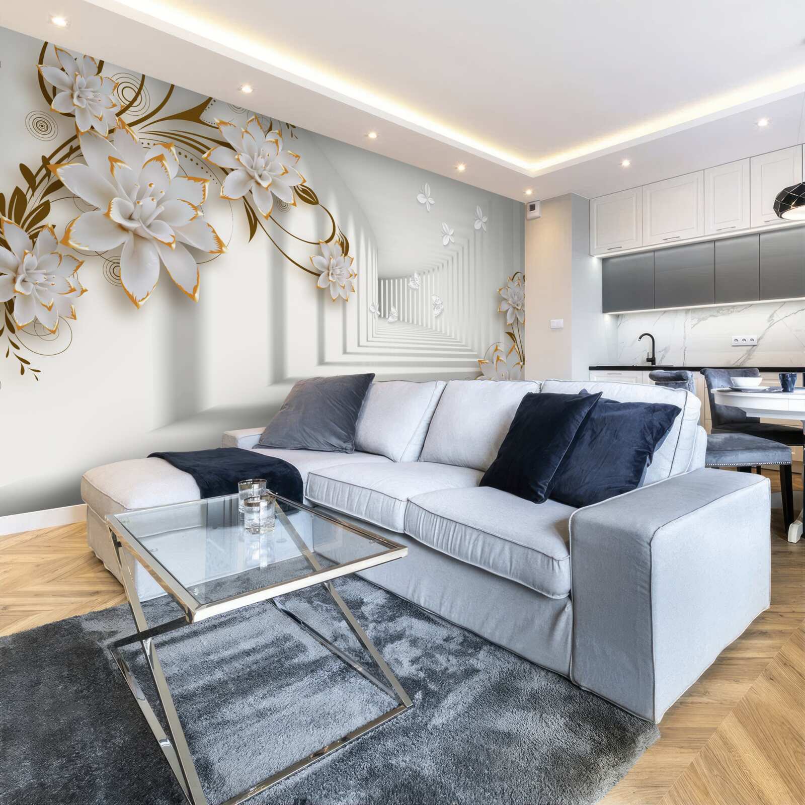 Фотошпалери елегантний коридор у відтінках білого, прикрашений золотистими квітами