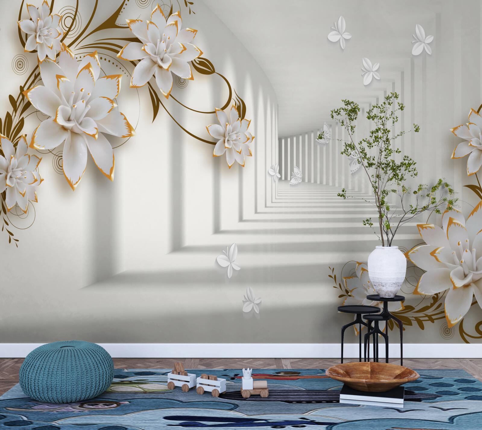 Фотошпалери елегантний коридор у відтінках білого, прикрашений золотистими квітами