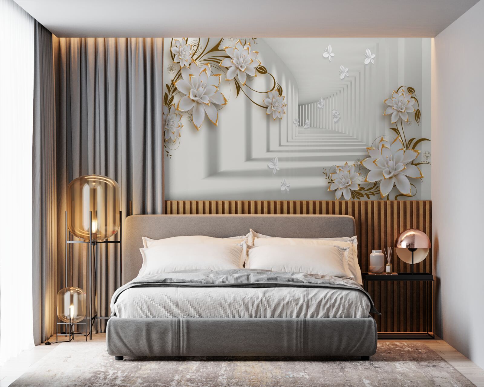 Фотошпалери елегантний коридор у відтінках білого, прикрашений золотистими квітами