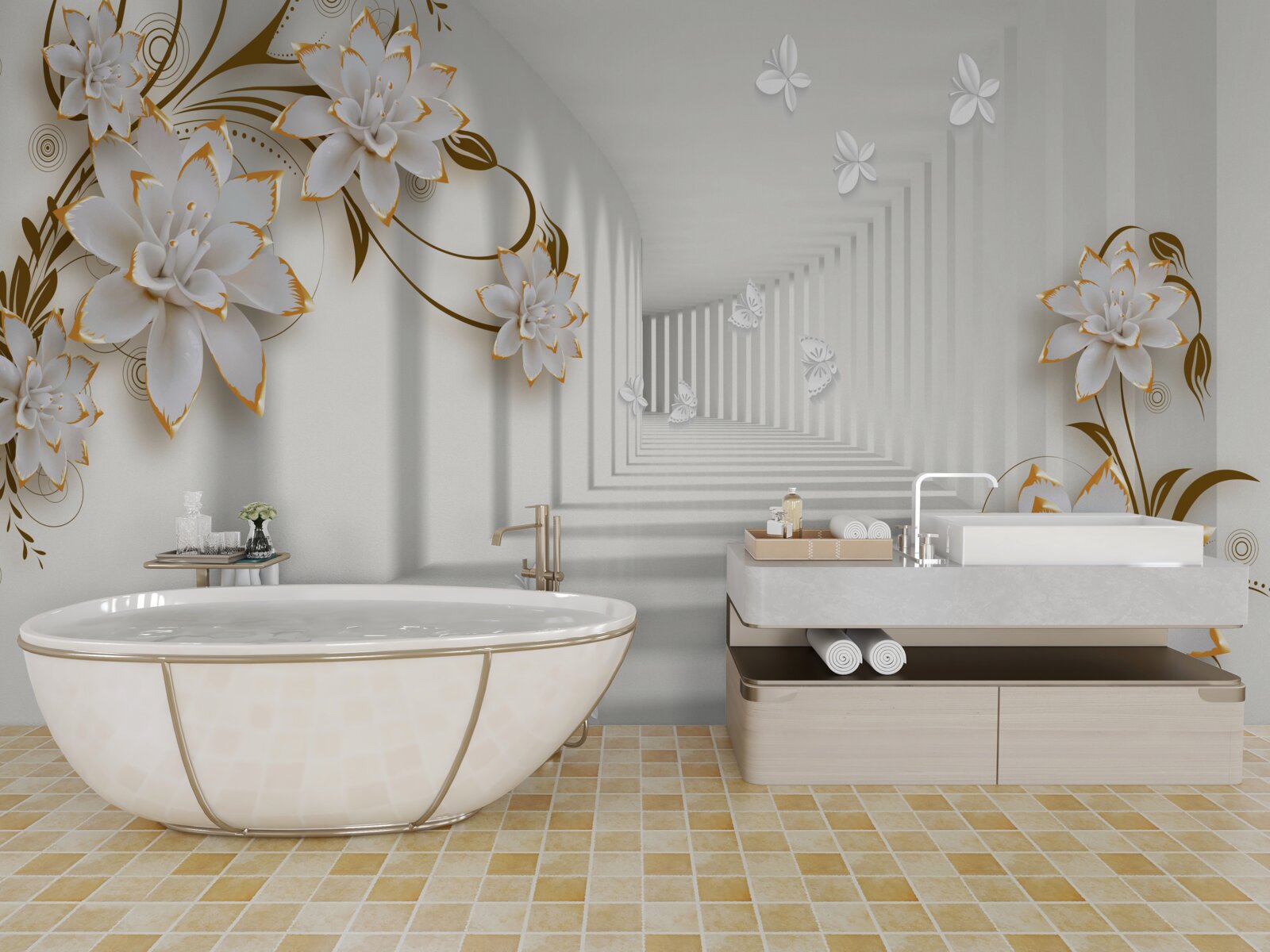 Фотошпалери елегантний коридор у відтінках білого, прикрашений золотистими квітами