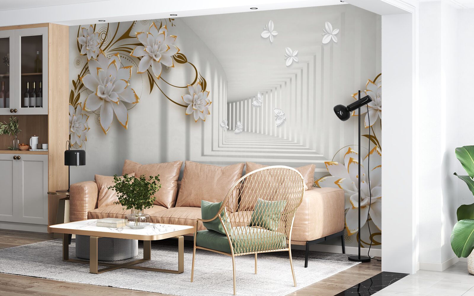 Фотошпалери елегантний коридор у відтінках білого, прикрашений золотистими квітами