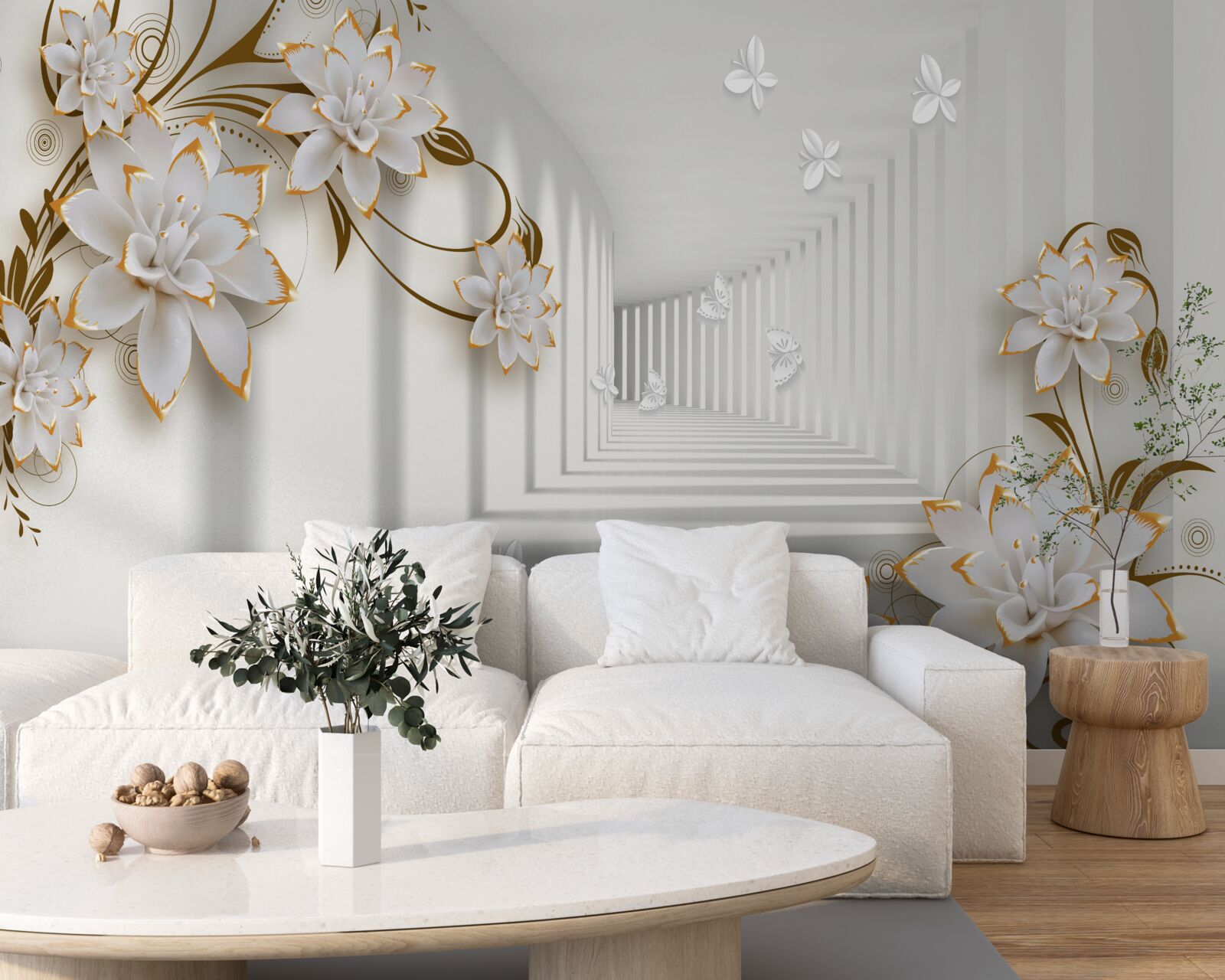 Фотошпалери елегантний коридор у відтінках білого, прикрашений золотистими квітами